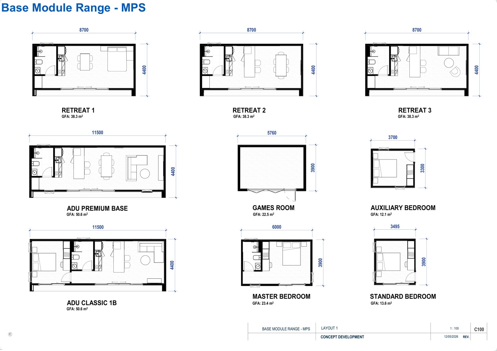 Configuration sheet: MPS base module range floor plans with gross floor areas